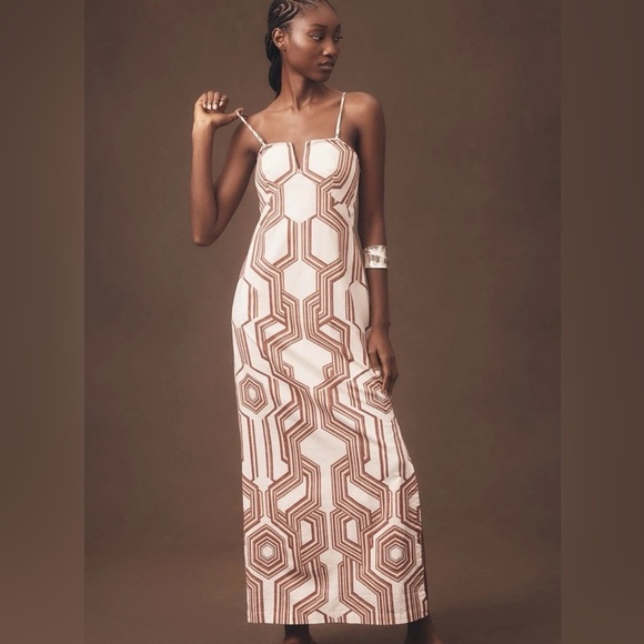 By Anthropologie Strapless Linen Plunge-neck MIDI Dress Size 14 NWT BROWN motif - Picture 6 of 17